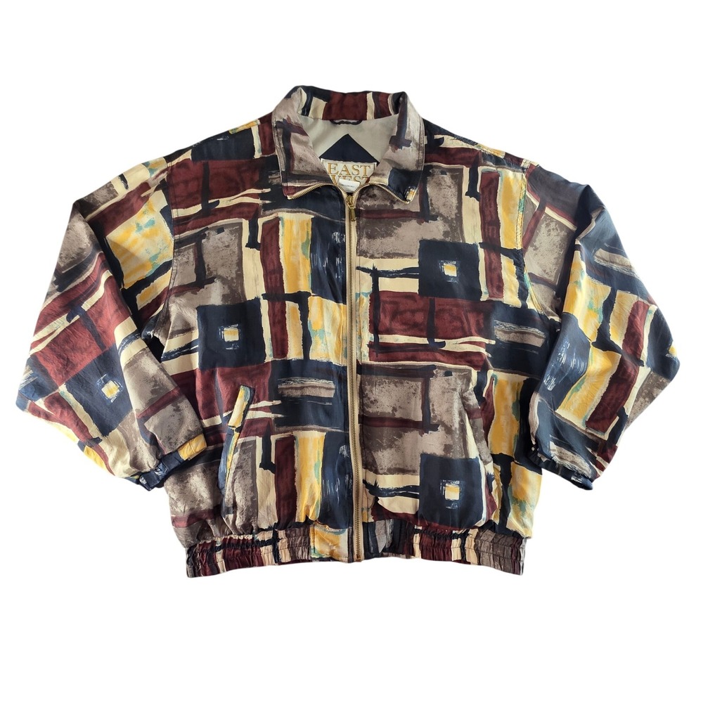 Vintage 90s Silk Bomber Jacket Abstract Geometric Large Maximalist 80s Eclectic